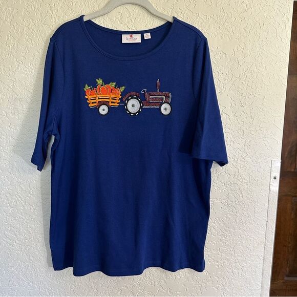 Quacker Factory Blue Embroidered Embellished Knit Fall Halloween Shirt Top Large - Picture 2 of 10